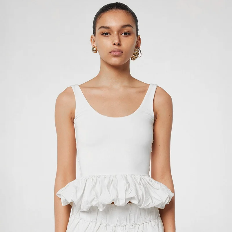 Square Neck Tank Tops For Women Sleeveless Backless Crop Top With Peplum Bubble Hem Summer Top Black White