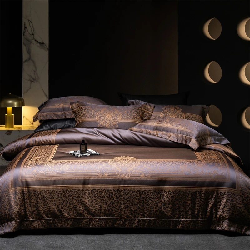 Vintage Baroque Luxury Jacquard Egyptian Cotton Bedding Set Dark Brown Leopard Print Satin Duvet Cover Set Bed Sheet Pillowcases