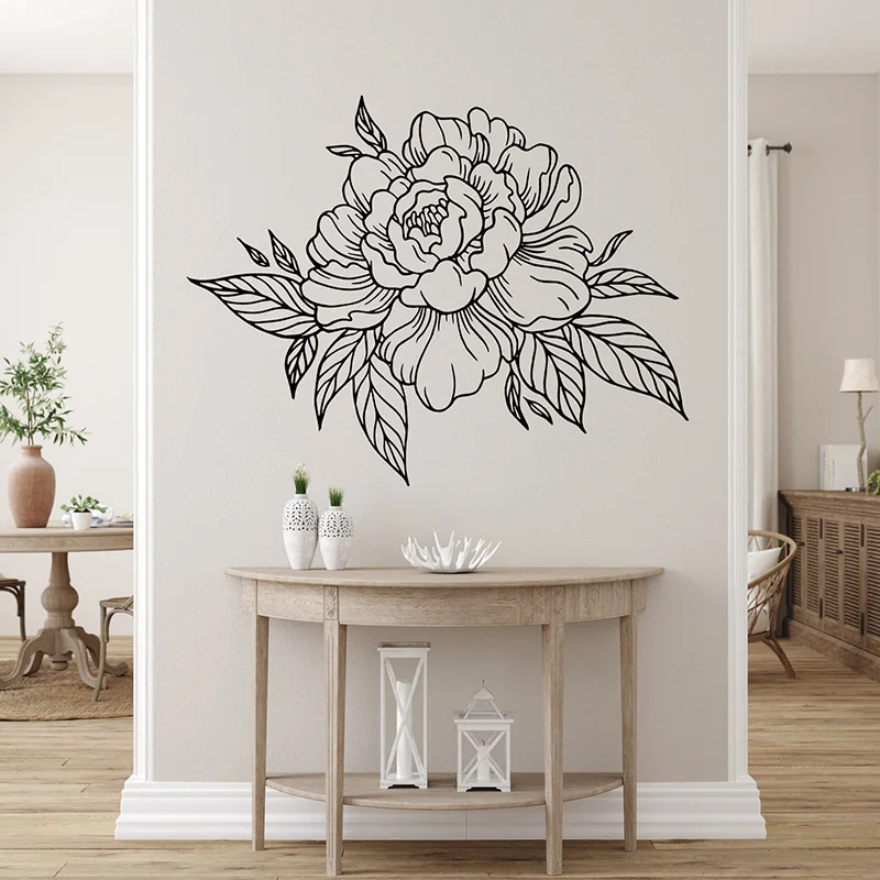 Flower Peony Wall Decal Line Art Bouquet Floral Sticker Décor Living Room Removable Self- Adhesive Gold Sticker E780