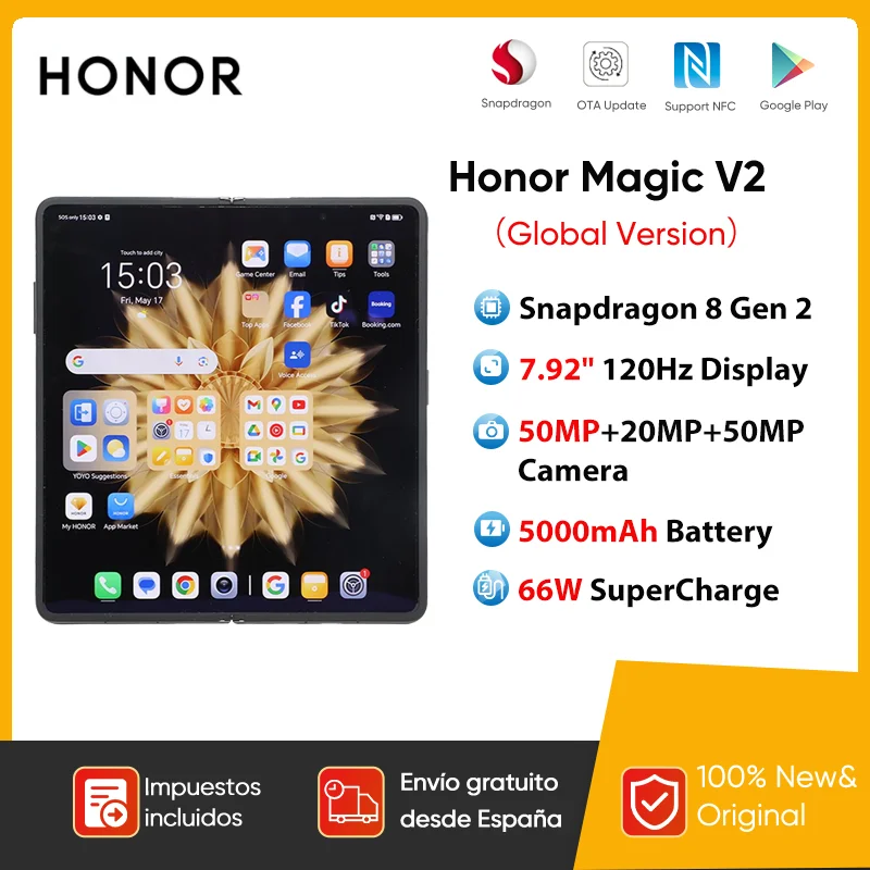 Version mondiale Honor Magic V2 5G Smartphone pliable Snapdragon 8 Gen2 LTPO cran OLED 120Hz 50MP Triple camra Android Mobile