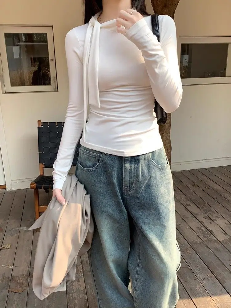 T-shirt a maniche lunghe da donna con volant in cotone Top slim fit leggero primaverile femminile elegante all'aperto naturale stile quotidiano bohémien