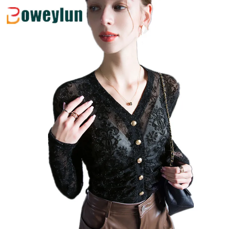 

Boweylun French Vintage V-Neck Long Sleeve Top Female Buttons Flocked Slightly Transparent Sexy Bottom Shirt Women Autumn Winter