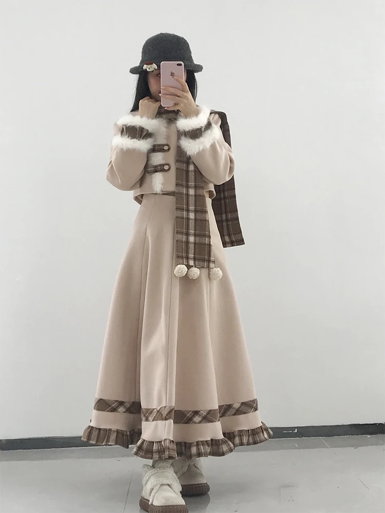 

Зима 2025 г., клетчатый теплый шерстяной шарф, пальто и юбка, комплект, женская модная милая осенне-зимняя сезонная верхняя одежда