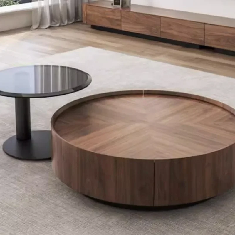 Simple retro style walnut color round coffee table modern simple small apartment living room storage coffee table combination
