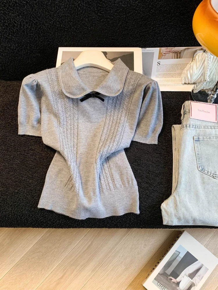 Korea Chic Sweet Peter Pan Collar Knit T-shirt New Minority Moda Slim Top Female Age Reduction Elegant Casual Ropa Mujer