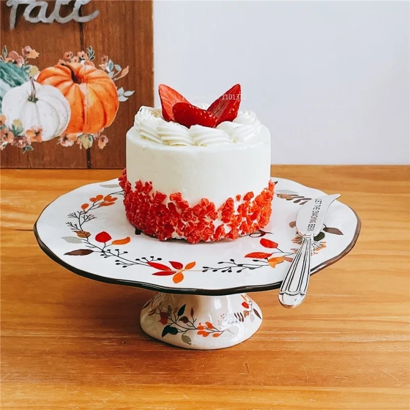 Ceramic Cake Plate   Handmade Pattern Dessert Table Tray Autumn Harvest Season Series Pattern Tall Platform   Cute Plates