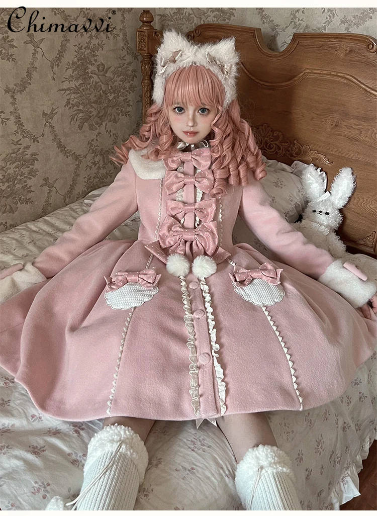 

Original Design Lolita Wool Coat Winter New Japanese Sweet Girl Cute Bow Long Sleeve Slim Fit Warm Elegant Princess Long Coat