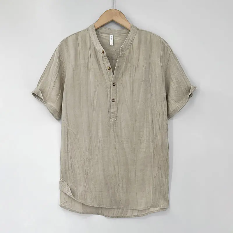 Summer New Men's Short Sleeve Shirts Premium Linen Stand Collar Button-up T Shirts Daily Comfortable Side Split Simple T-shirt