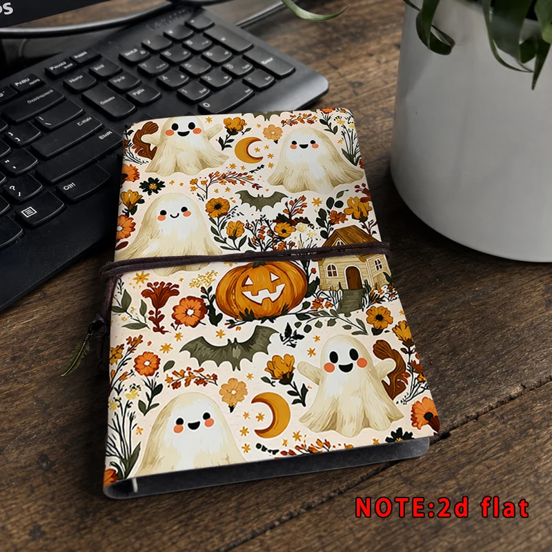 Cute Halloween Travel Journal Cartoon Ghost Pumpkin Floral Print Binding Notebook Spooky Cottage Moon Bat Diary Stationery Gift