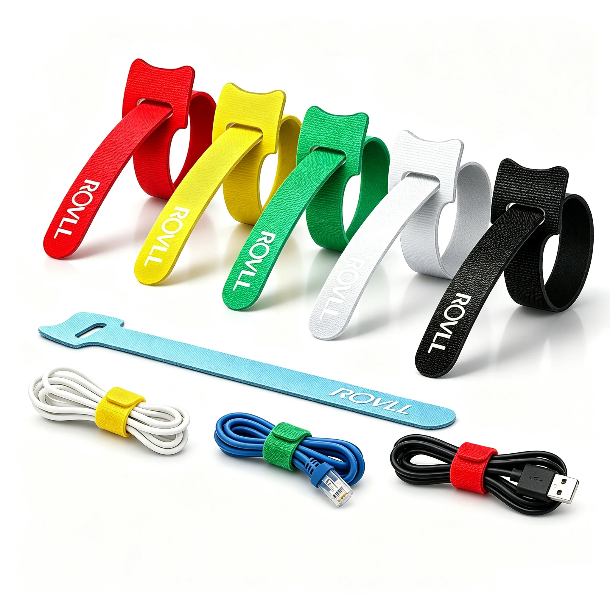 ROVLL Reusable T-Type Cable Ties Hook and Loop Adjustable Cable Straps Multi-Color Cable Organizer for USB Ethernet Cables