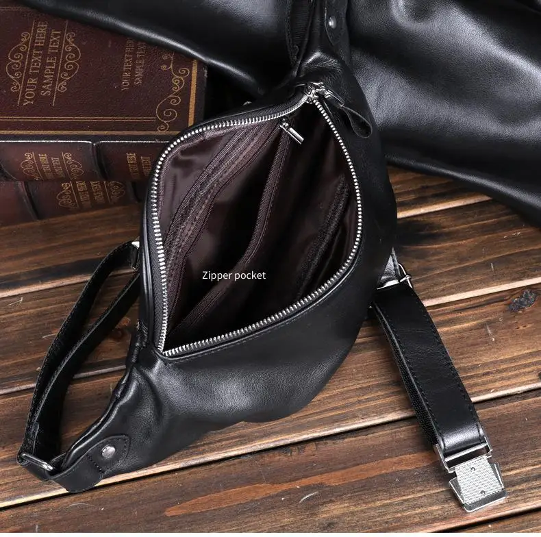 Men's Top-Grain Leather Crossbody Chest Bag Sports Running Waist Pack with Phone Pocket