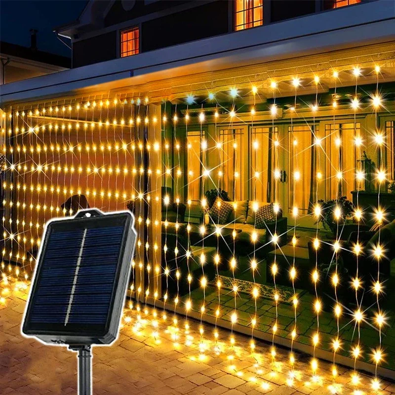 Solar Waterfall Curtain Light Outdoor Christmas Curtain String Light Fairy Garland Wedding Decor Birthday Party Decoration