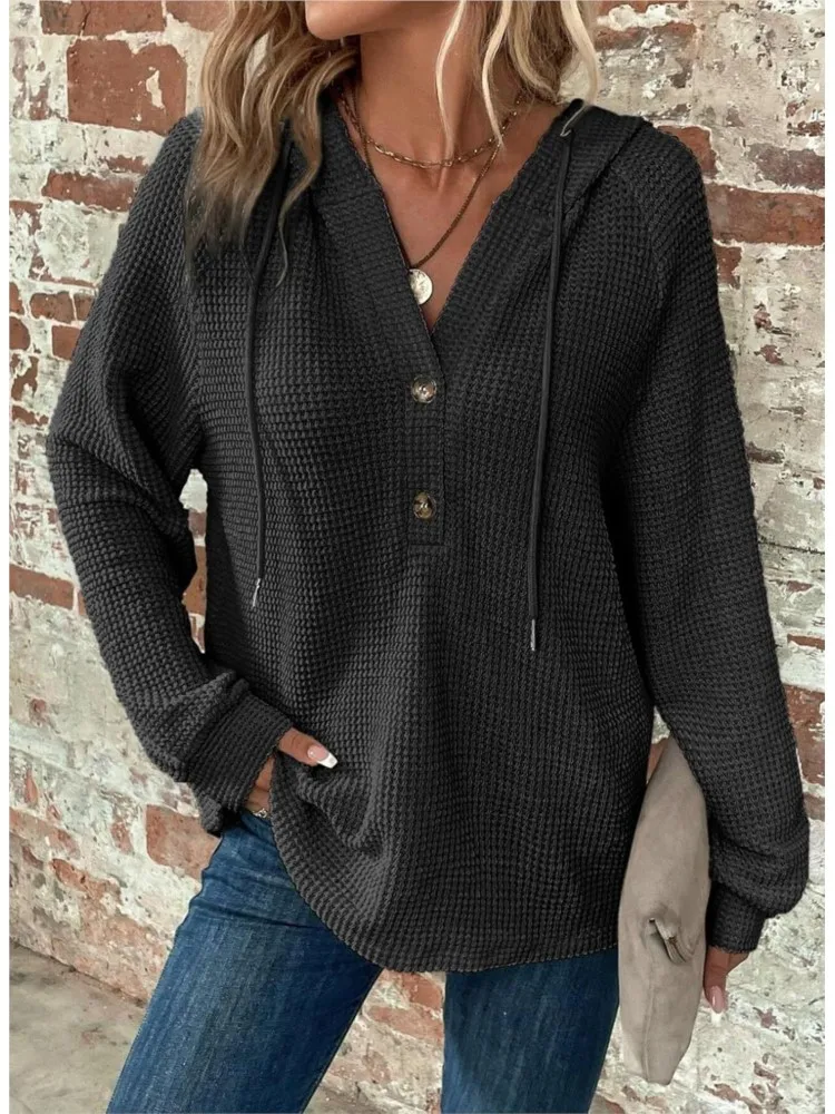 Women's Knitted Hoodies Autumn Winter Long Sleeve V-Neck Sporty Casual Hooded Sweatshirt Women Zipper Drawstring Pullovers