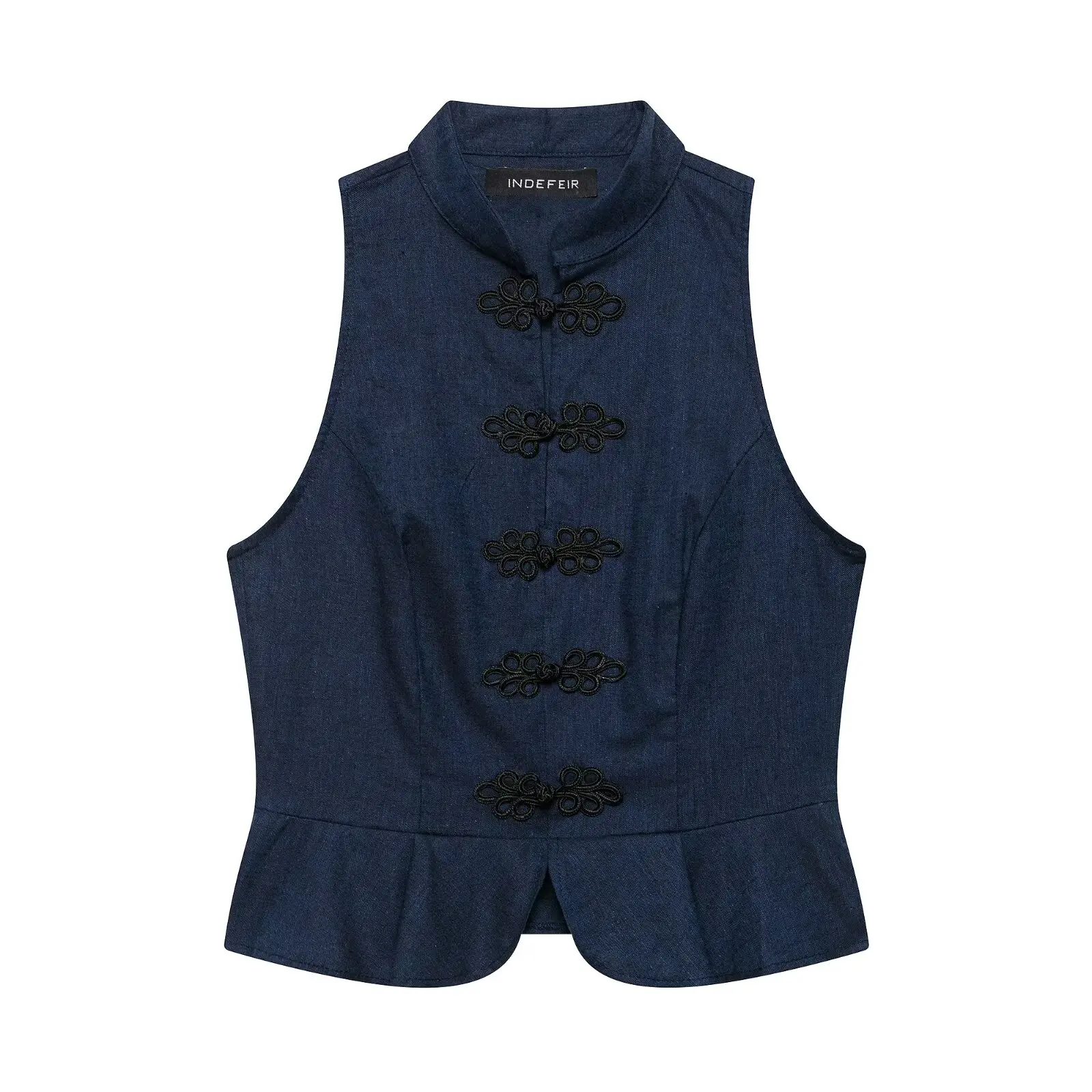 HH Minimalistische Elegante Jeansweste mit Chinesischen Froschknöpfen, Stehkragen und Schößchen für Frühling und Herbst, Business-Casual Bürokleidung – Detail 2