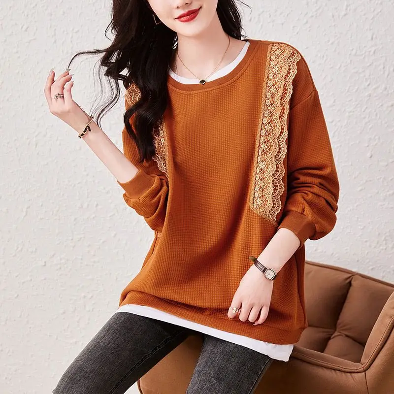 Fashion Lace Patchwork Pullovers Female Clothing Casual Round Neck Spring Autumn Commute Long Sleeve Korean Loose Sweatshirts