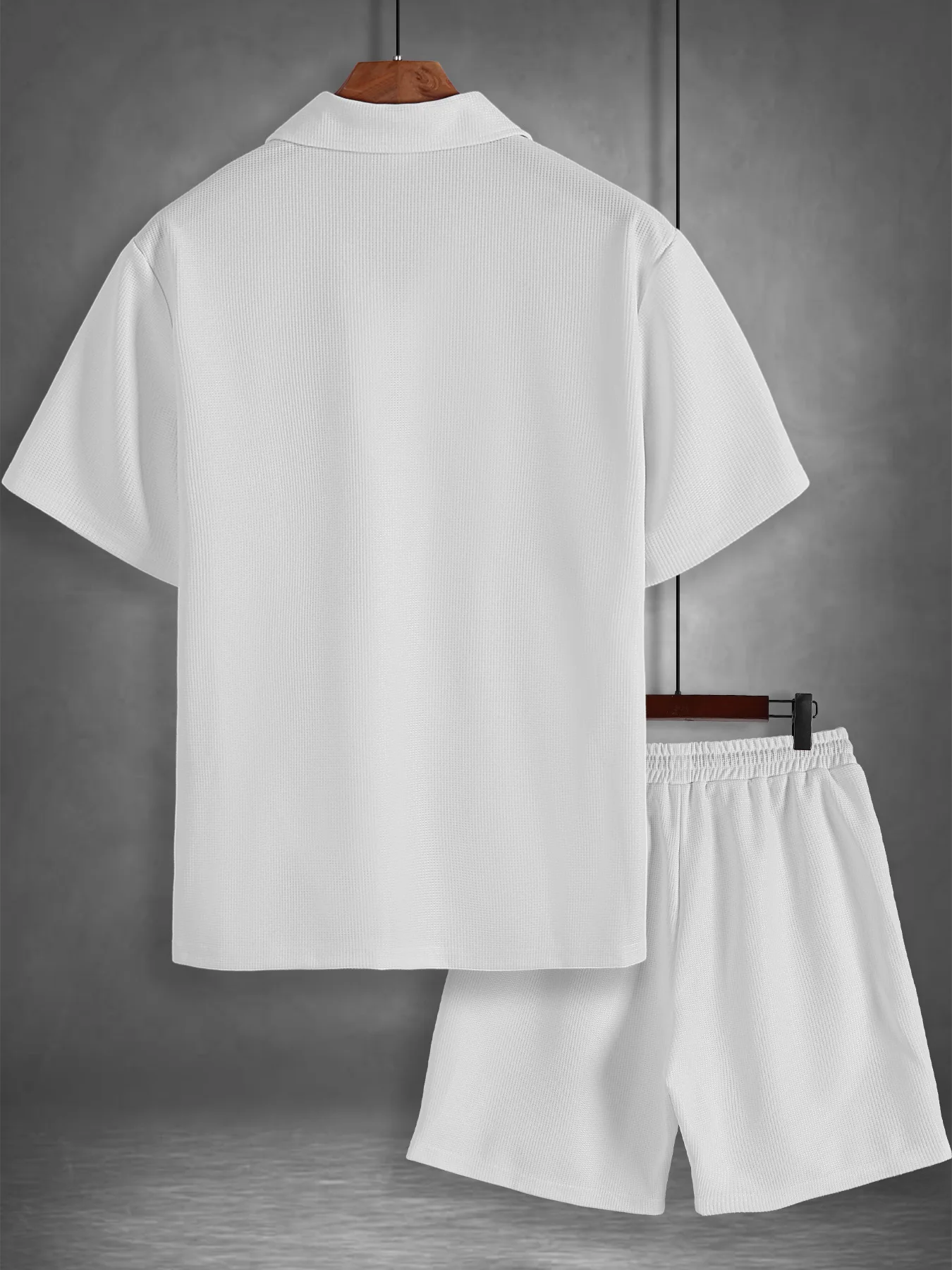 Men's White Waffle Knit Half Zip Polo Shirt Casual Set 2 Piece Lapel Collar Short Sleeve & Drawstring Shorts Outfit