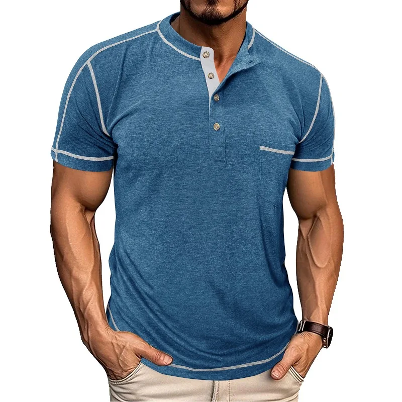

Henley Collar Summer Men Casual Solid Color Short Sleeve T-Shirt for Men Polo Men High Quality Mens T Shirts