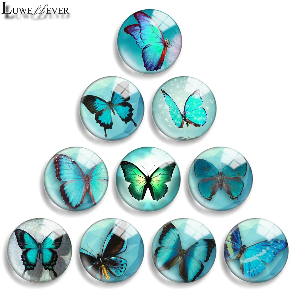 12mm 10mm 20mm 25mm 30mm 40mm 920 Blue Butterfly Mix Round Glass Cabochon Flat Jewelry Finding 18mm Snap Button Charm Bracelet