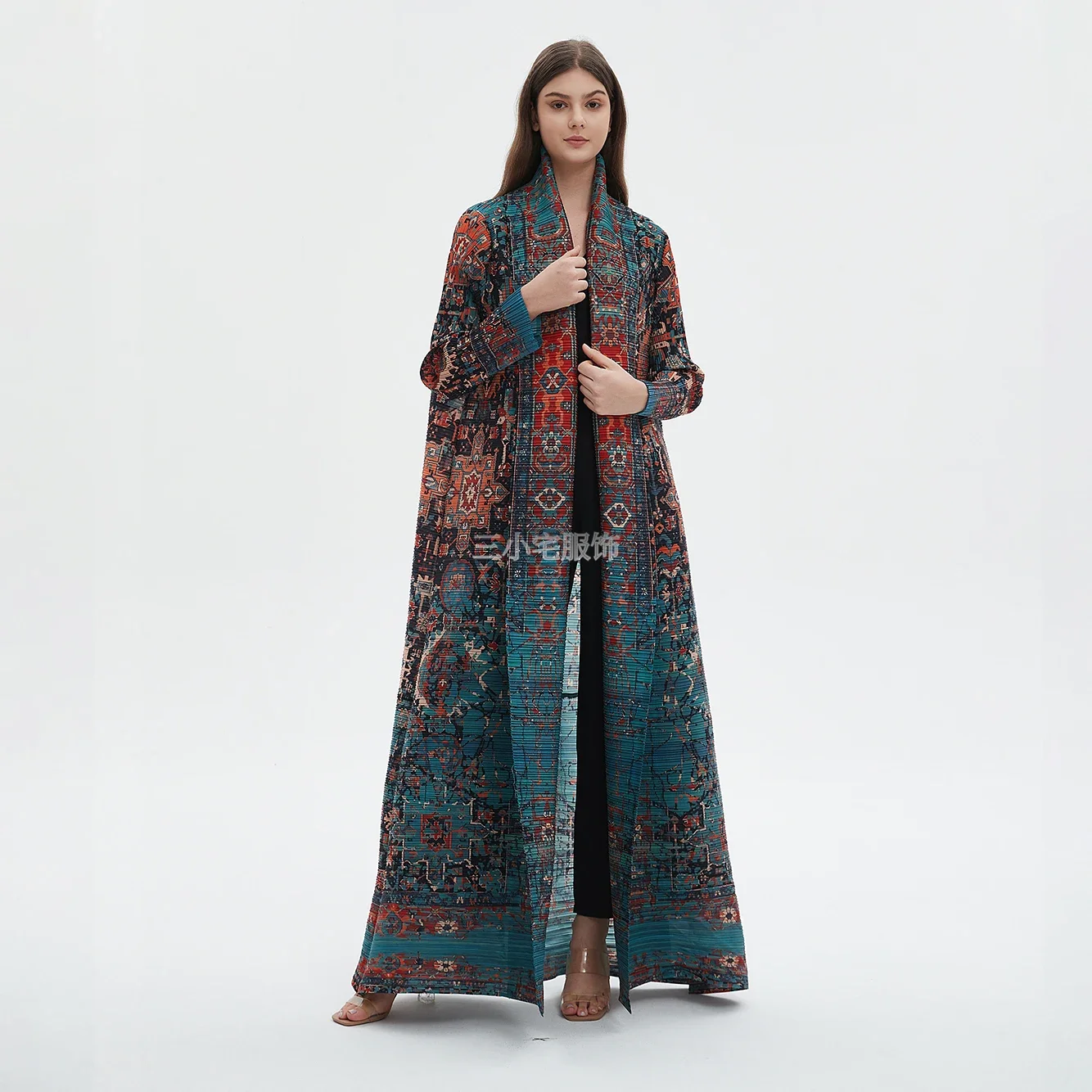 Miyake Pleated Arabian Robe Vintage Printed Long Sleeve Plus Loose Large Size Cardigan Fashion Women Trench Coat 2024 Summer New