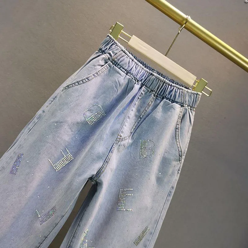 2026年夏新作 ハイウエストジーンズ ゆったりとした伸縮性ウエスト ホットプレスダイヤモンドパンツ レディースカジュアルデニムトラウザーズ