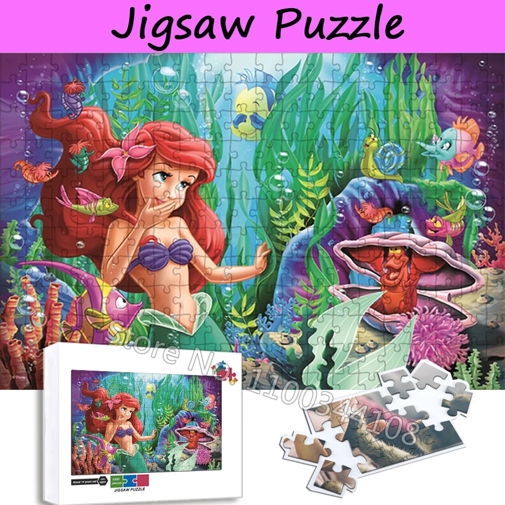 Disney Princess 35/300/500/1000 Pieces Wooden Puzzles Little Mermaid Ariel Jigsaw Puzzle for Children's Educational Cartoon Toys