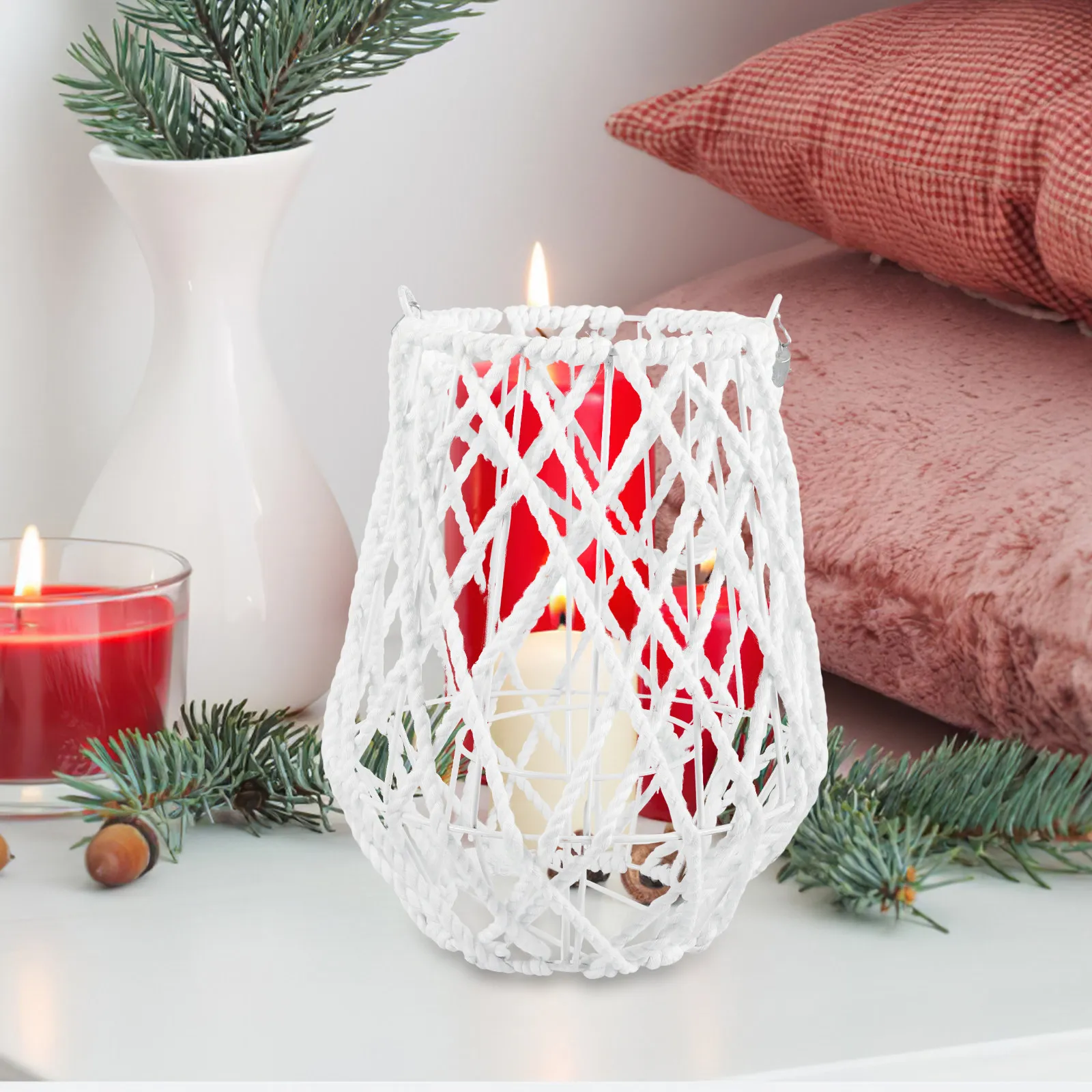 Woven Lantern Decorative Holder with Sturdy Iron Frame and Cotton Thread, Geometric Shape Living Room Decor