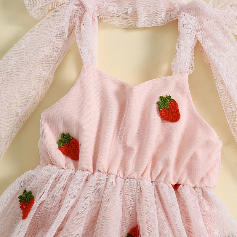 Trajes de niña recién nacida con bordado de fresas, vestido de tutú sin mangas con tirantes, Body de tul, ropa de verano