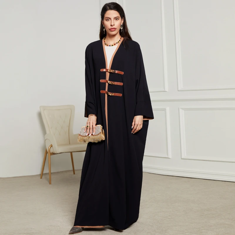 New Elegant Leather Buckle Abaya Muslim Dress Full length Dubai Female Split Sleeve Soft Islamic Dress Islam Robe Dropshiping