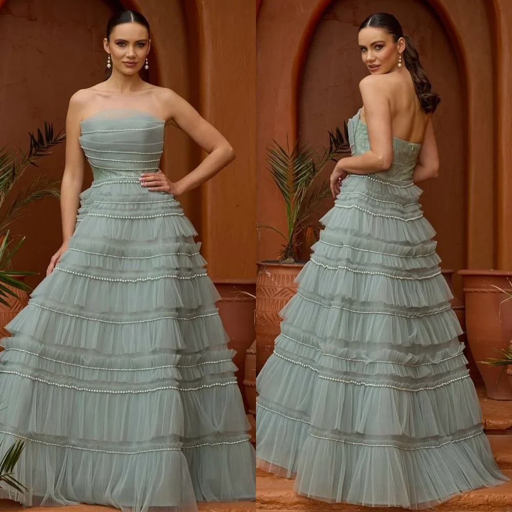 

Customized Intricate Matching Tulle Pleat Ruched Tiered Pearl A-line Strapless Long Dresses Bespoke Occasion Dresses Exquisite