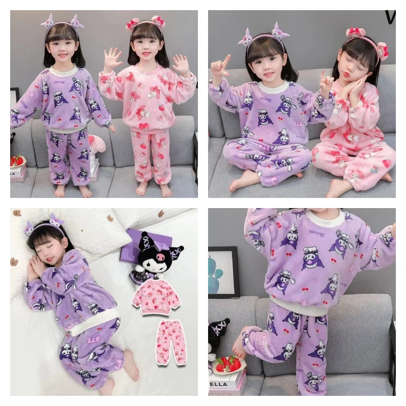

Hot Sanrio Girl Pajama Set My Melody Kawaii Anime Fashion Winter Child Keep Warm Tops Long Pants Children's Clothing 2-Piece Set
