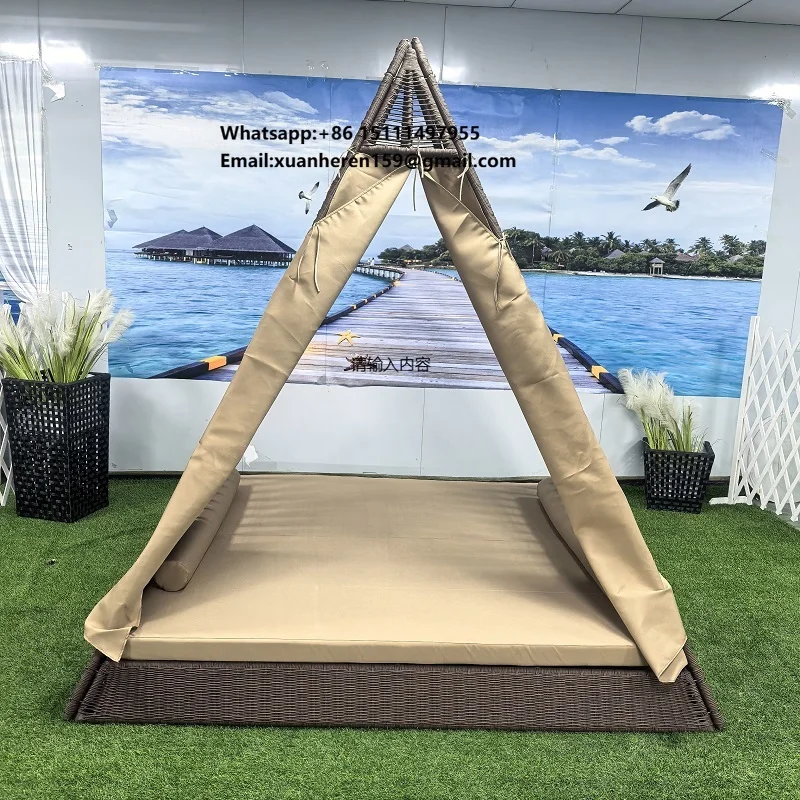 Modern Portable Outdoor Furniture Triangular Canopy Bed Rattan Iron Bedroom Sets Sun Loungers for Beach Cabana Living Room