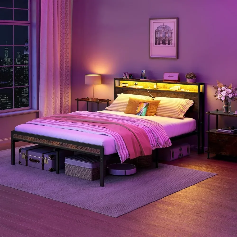 

Bed Frame 2-Tier Storage Headboard,Metal Platform Bed Frame with Charging Station LED Light,Noise-Free/Metal Support