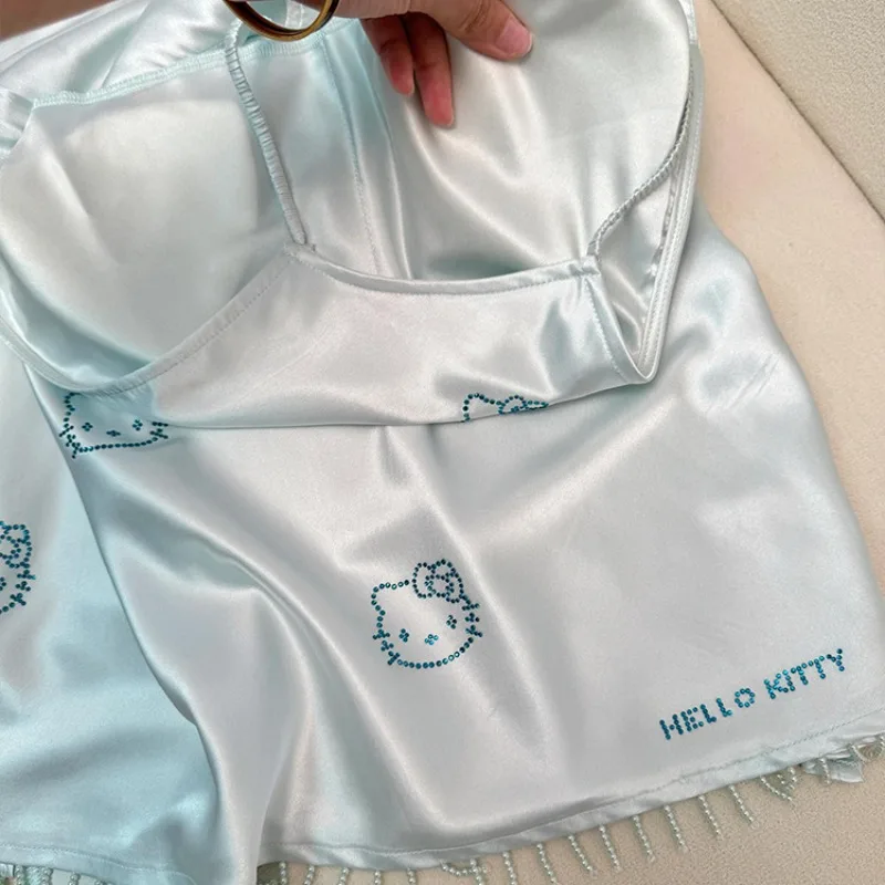 

Kawaii Hello Kitty Ice Silk Strap Sleeping Skirt Fashion Cartoon Girl Heart with Chest Mat Pajama Home Outerwear Dress Wholesale