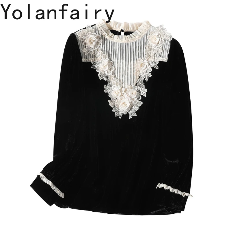 Yolanfairy 80% viscose 20% blusa de seda amoreira para mulher outono rendas retalhos camisa feminina elegante senhoras blusas topos
