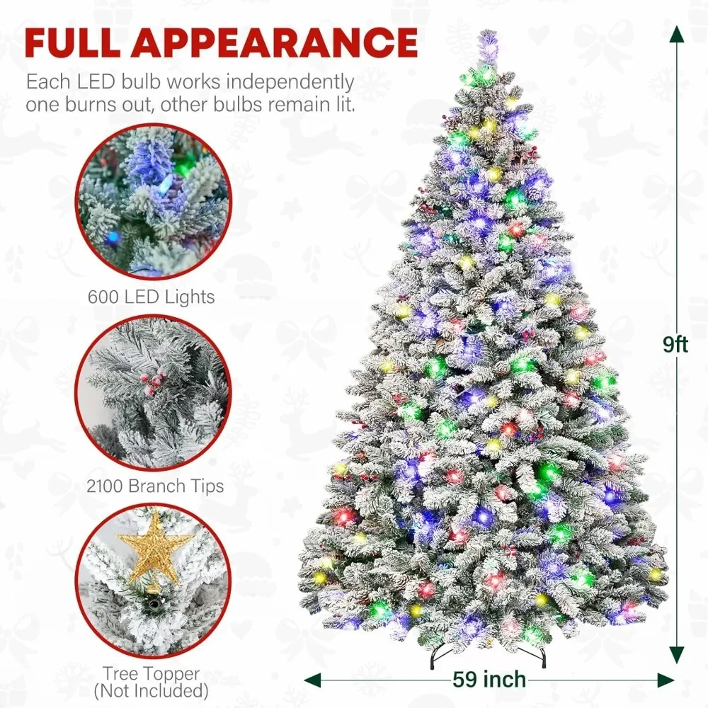 9ft Christmas Tree, 600 Multicolor LED Lights, Pine Cones and Berries, 2100 PVC Tips, Metal Stand and Hinged Branches, 10 Colors