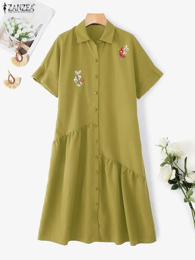 Damska sukienka koszulowa midi z haftowanymi kwiatami, kołnierzykiem i krótkim rękawem zapinana na guziki, ZANZEA, codzienna odzież na co dzień, rozmiar 3XL