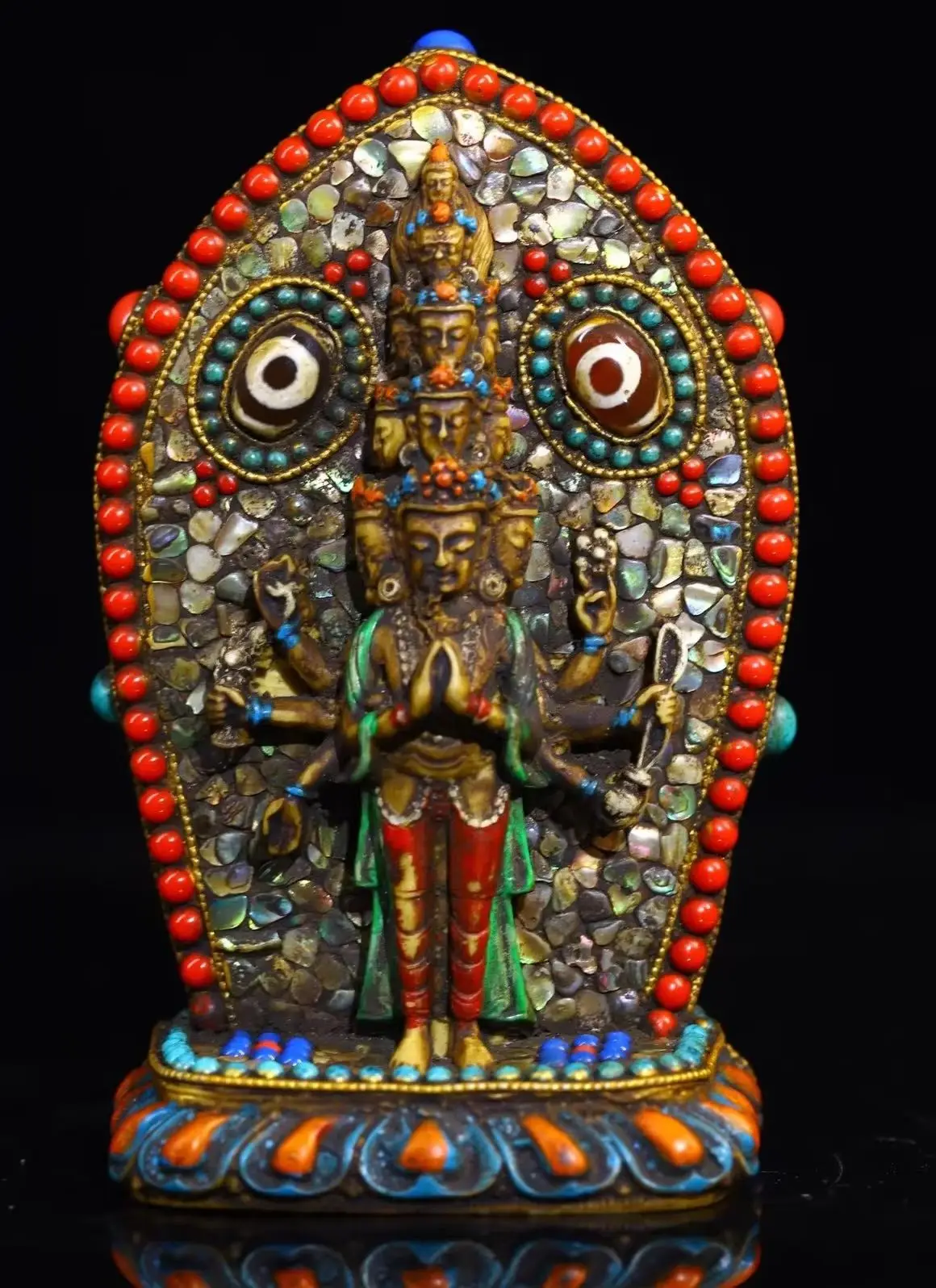 

5"Tibetan Temple Collection Old Yak Bone Mosaic Gem gZi Bead Shell 1000 arms Guanyin Buddhist Niche Worship Hall Town house