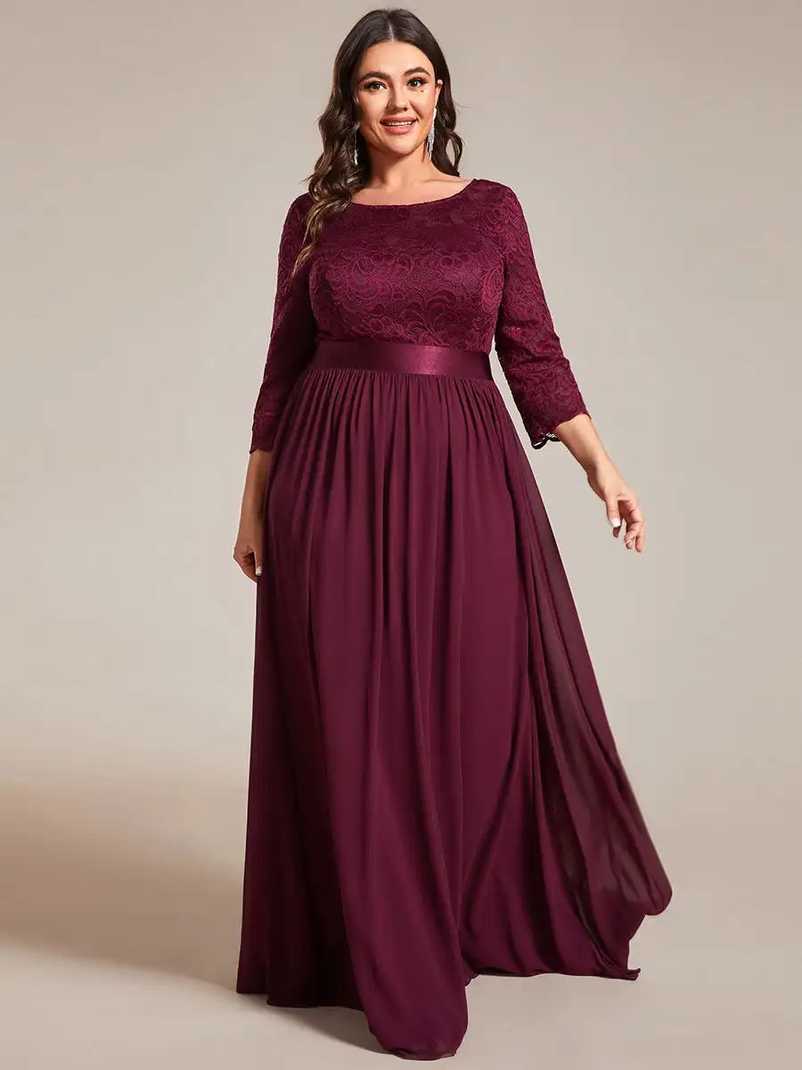 Plus Size Evening Dresses O-Neck Bridesmaid 2024 Ever Pretty with Navy Blue Long Lace Chiffon Sleeve Elegant Dresses for Women