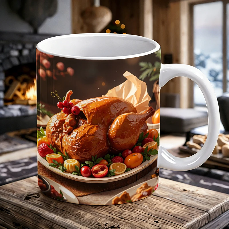 

11 oz Thanksgiving Roast Turkey Ceramic Mug with Handle, Holiday Coffee Mug, Insulated Milk Cup, Water Cup for Home and Office