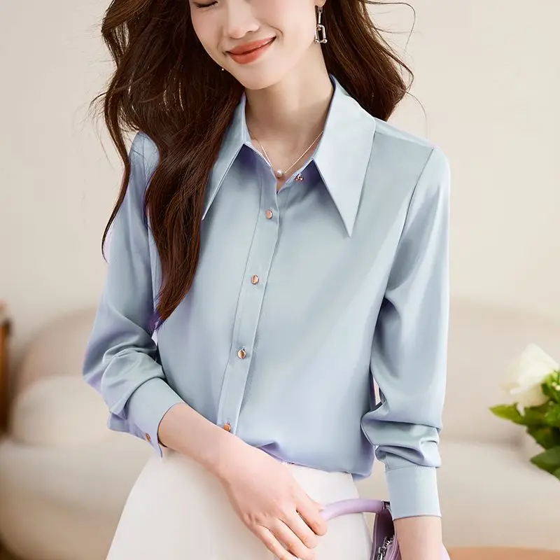 Spring Autumn Business Casual Interior Lapping Ladies Solid Color Women\'s Clothing Tops Office Lady Shirts Fashion New Blouses