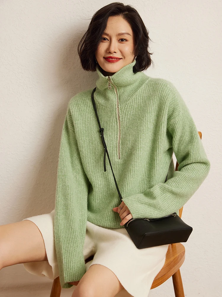 

TLOML Women 100% Cashmere Flower yarn Sweater Half Zipper Turtleneck Polo Pullover Autumn Winter Thick Soft Casual Cashmere Tops
