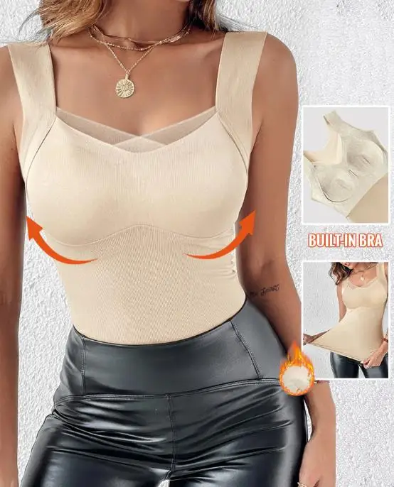 

2025 autumn and winter new women's casual transparent mesh splicing V-neck sleeveless built-in bra vest warm wool lining top