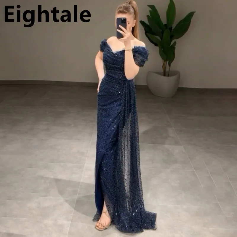 Customized Off Shoulder Shinning Sequins Navy Blue Prom Dress Mermaid Evening Dress Women Formal Party Gown Robes De Soirée