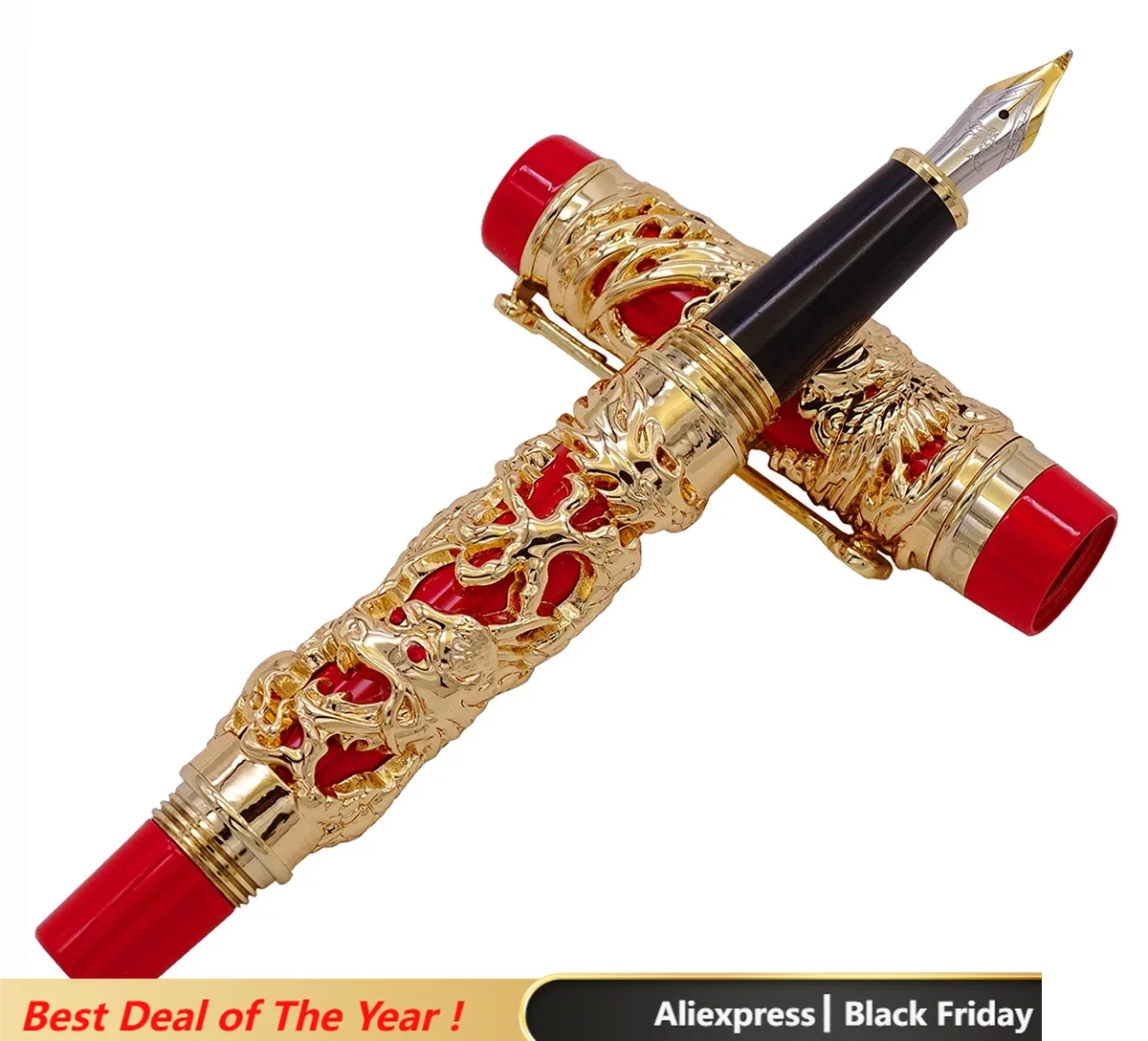 Jinhao Dragon Phoenix Vintage Luxury Calligraphy Pen Fountain Pen Bent Nib Full Metal Carving Golden & Red for Art Office Gift