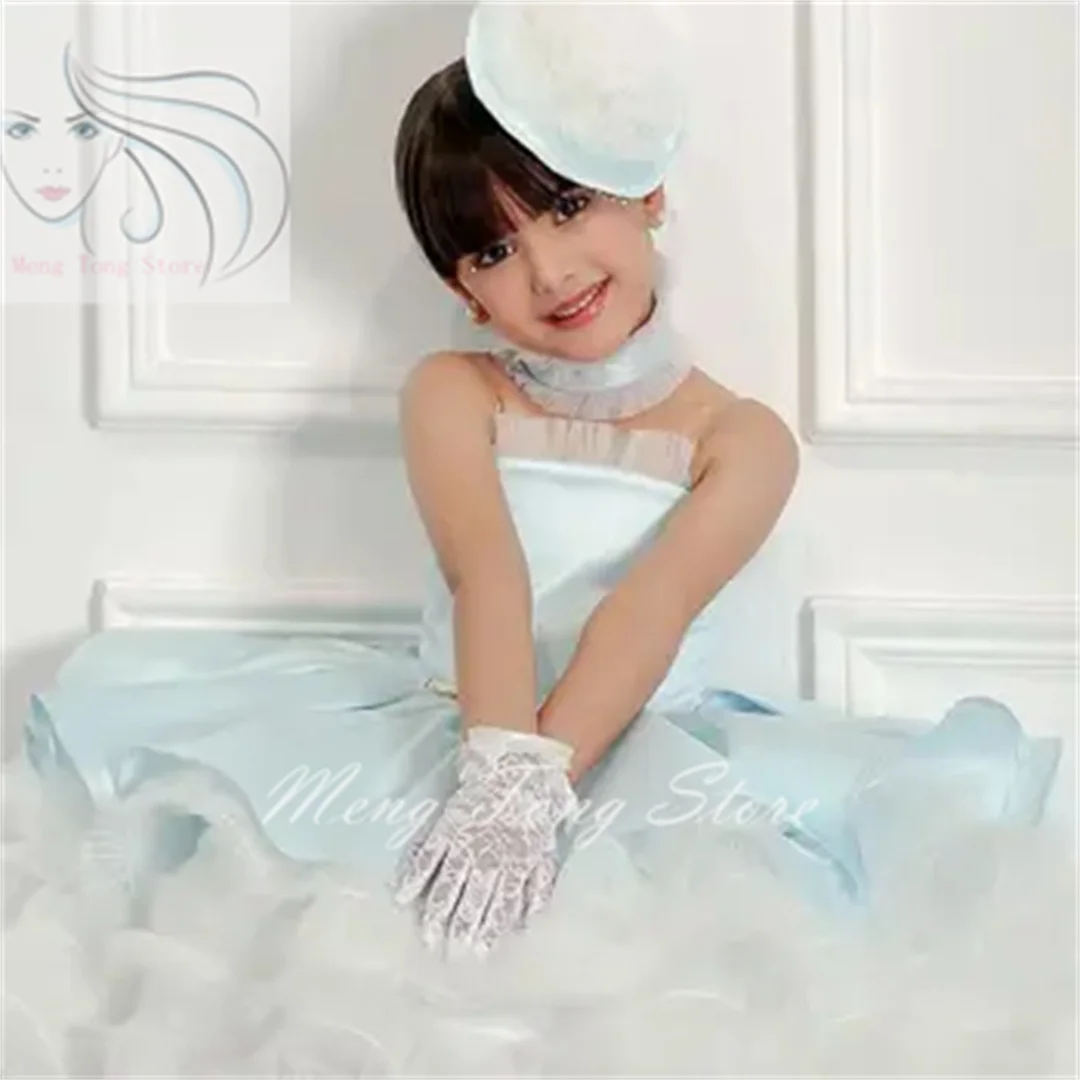 Blue Satin Puffy Flower Girl Dresses For Wedding Tulle Elegant Knee Length Kids Birthday Party Prom Dress Ball Gowns 2024