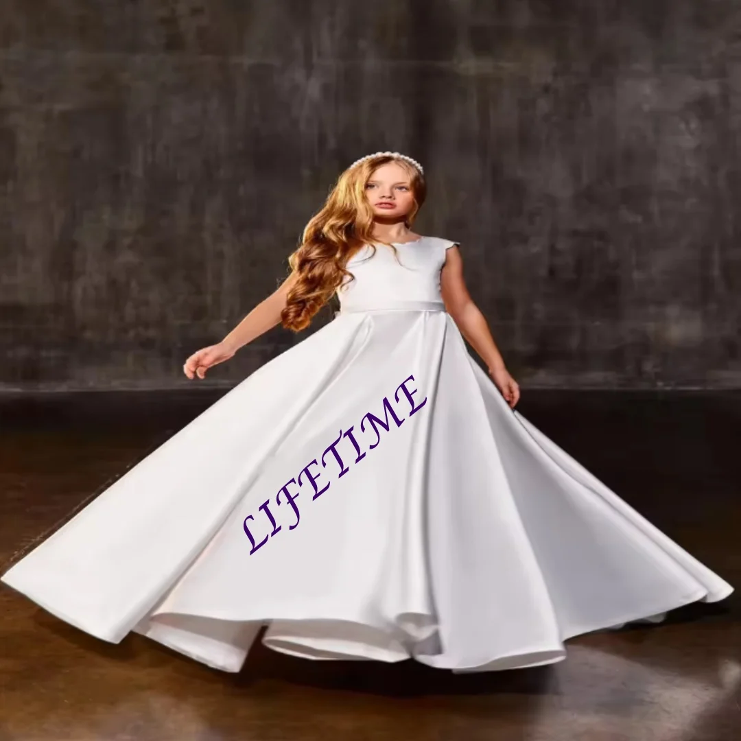Vestido largo personalizado de satén para boda, cumpleaños, comunión, vestidos de fiesta de boda para niños, vestidos sencillos de flores con lazo para niña B