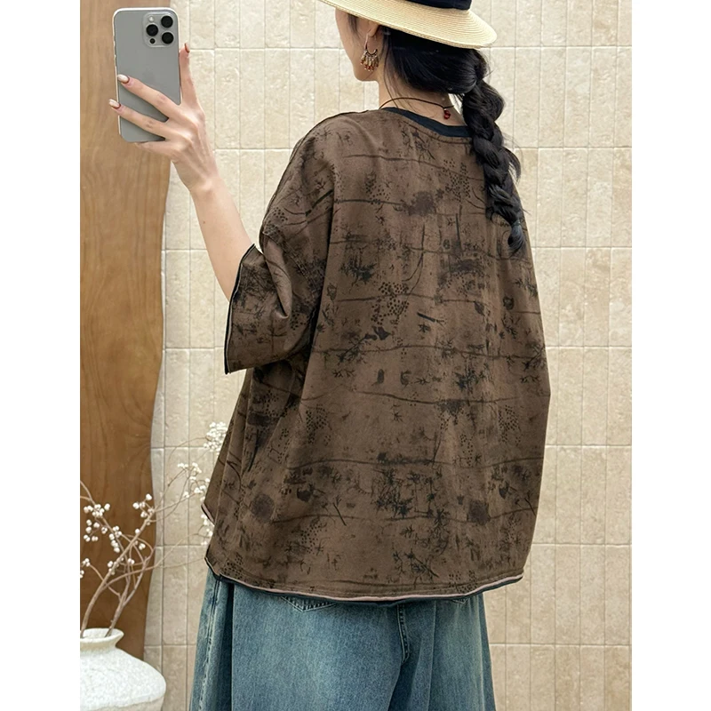 Masss Wasss British Design Loose Leisure Tops Ladies Classic Luxury O Neck Clothes Womens 2026 Spring Fashion Vintage T-shirts