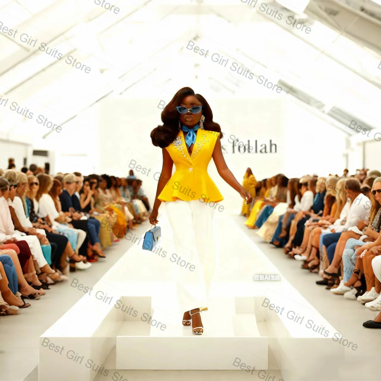 

Yellow White Women Suit Pants Set 2 Piece Crystals Vest+Trousers Formal Office Lady Jacket Sleeveless Customized Wedding Coat