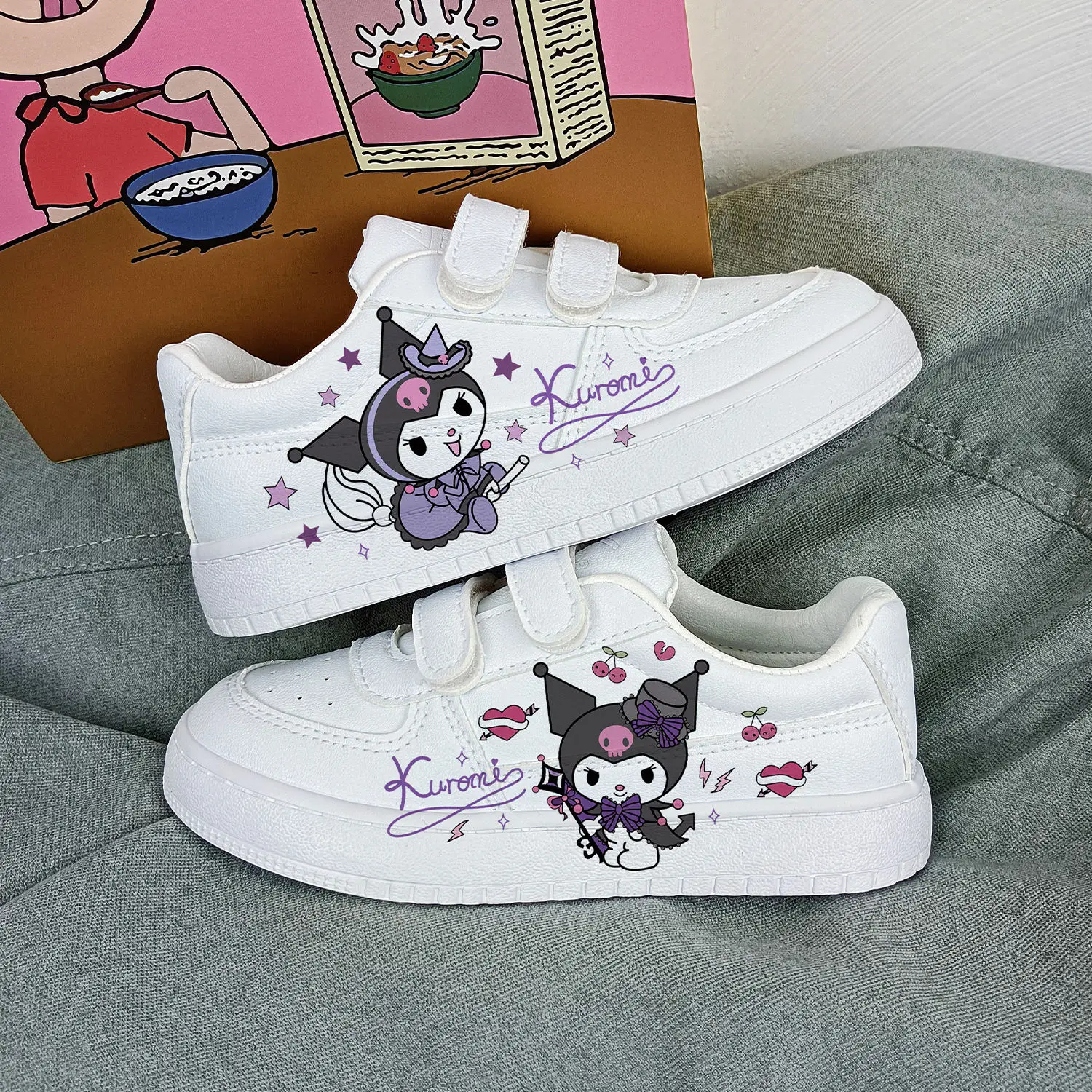 Kuromi Cartoon Children Sneakers Kids Tennis Shoes White Low Cut Board Shoes For Girls Boys Casual Print Sport Shoes Flat Middle