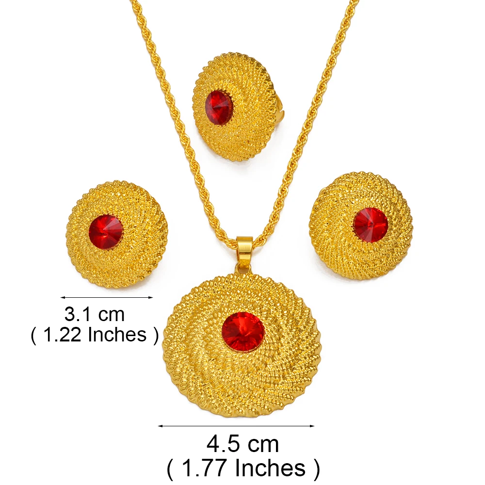 Anniyo Ethiopian Jewelry Sets RED/BLUE/GREEN Pendant Necklaces Earrings Rings Habesha Eritrean African Marriage Dowry #193216